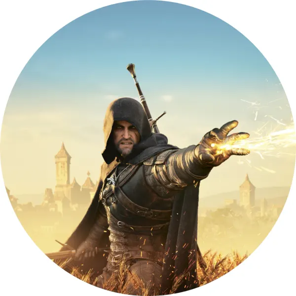 Kulatý jedlý obrázek na dort – Witcher, Zaklínač, magické znamení a hrad (hnědá, modrá, černá)