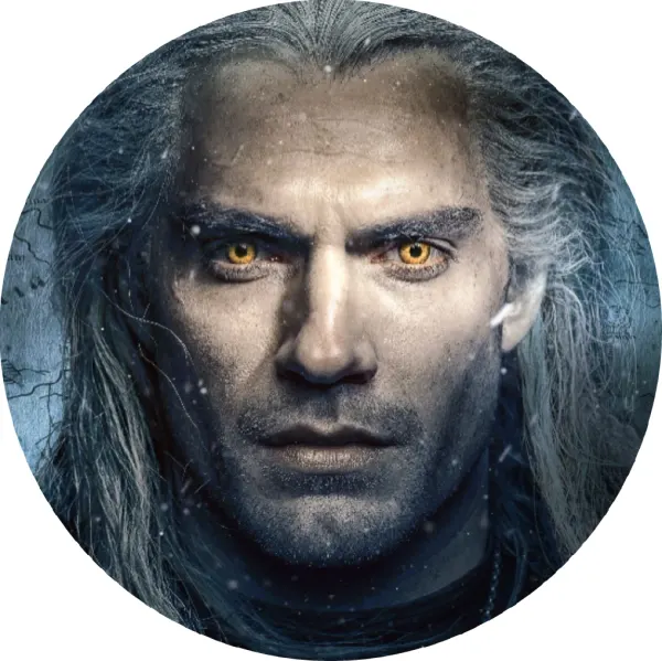 Kulatý jedlý obrázek na dort – Witcher, Zaklínač, Geralt se sněhem a mapou (šedá, černá, žlutá)