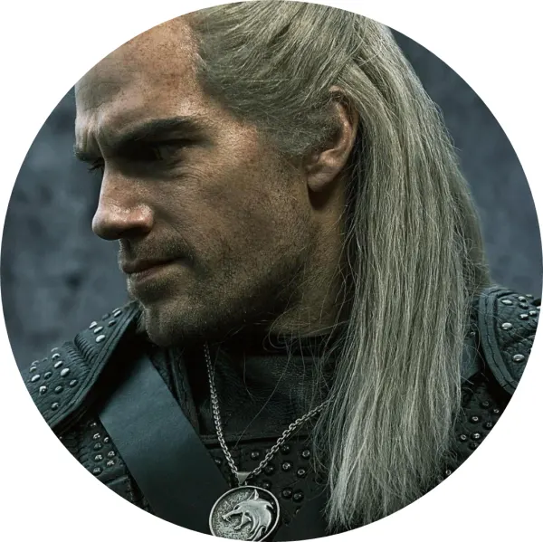 Kulatý jedlý obrázek na dort – Witcher, Zaklínač, portrét s medailonem (šedá, černá, stříbrná)