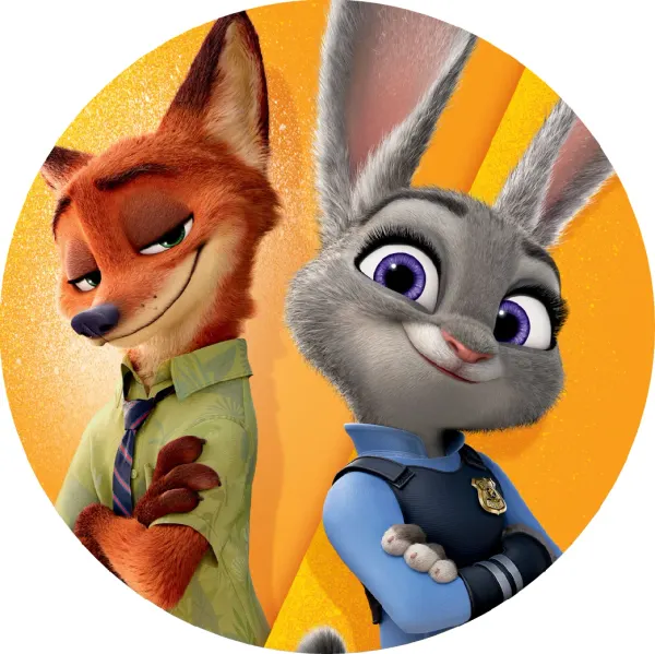 Kulatý jedlý obrázek na dort – Zootropolis (žlutá, červená, šedá)
