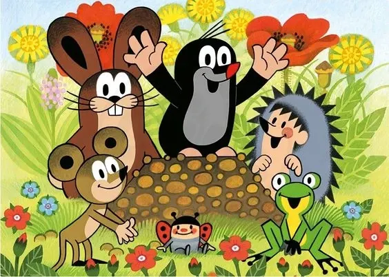 Obdélníkový jedlý obrázek na dort – Krteček, z krtince s kamarády na louce (zelená, červená, žlutá)