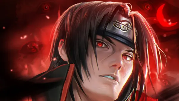 Obdélníkový jedlý obrázek na dort – Anime, ninja s červenýma očima a měsícem (červená, černá)