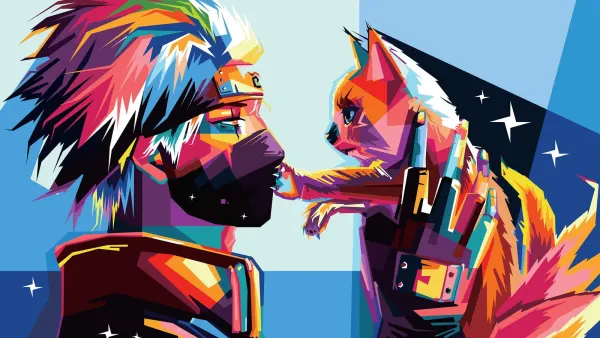 Obdélníkový jedlý obrázek na dort – Anime, pop-art ninja s liškou (modrá, žlutá, černá)