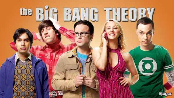 Obdélníkový jedlý obrázek na dort – Big Bang Theory, pětice na oranžovém pozadí (žlutá, zelená, růžová)