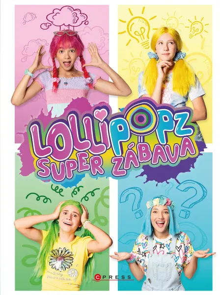 Obdélníkový jedlý obrázek na dort – Lollipopz, čtyři pole, nápis Super zábava (růžová, žlutá, tyrkysová)