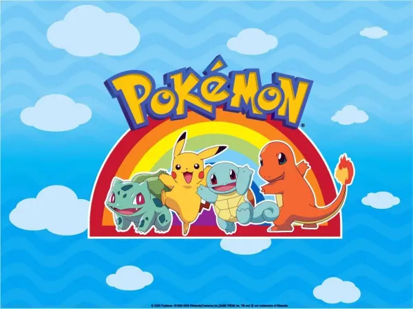 Obdélníkový jedlý obrázek na dort – Pokémon, Pikachu, Charmander a duha (modrá, žlutá, červená)