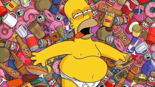 Obdélníkový jedlý obrázek na dort – Simpsonovi, Homer s donuty a pivem Duff (žlutá, růžová, červená)
