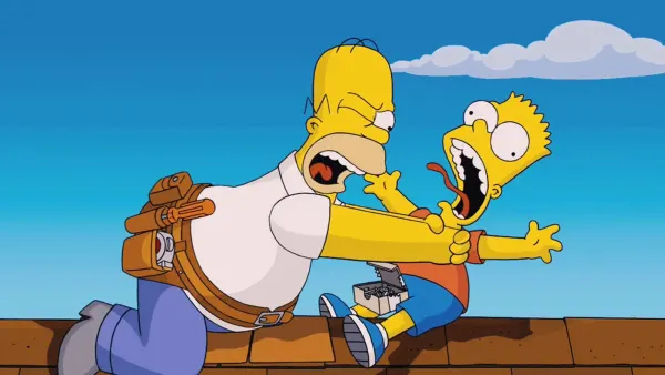 Obdélníkový jedlý obrázek na dort – Simpsonovi, Homer škrtí Barta na střeše (žlutá, modrá, hnědá)
