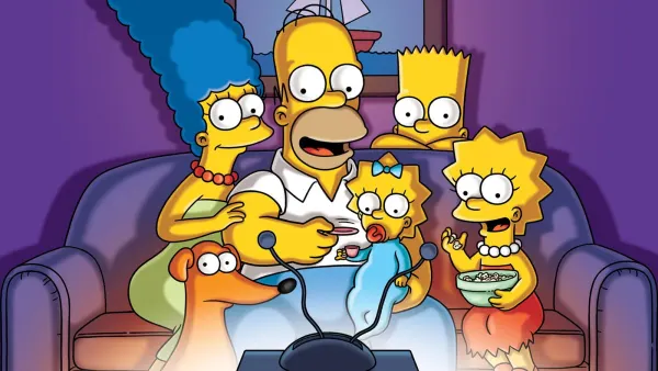 Obdélníkový jedlý obrázek na dort – Simpsonovi, rodina na gauči u televize (žlutá, fialová, modrá)