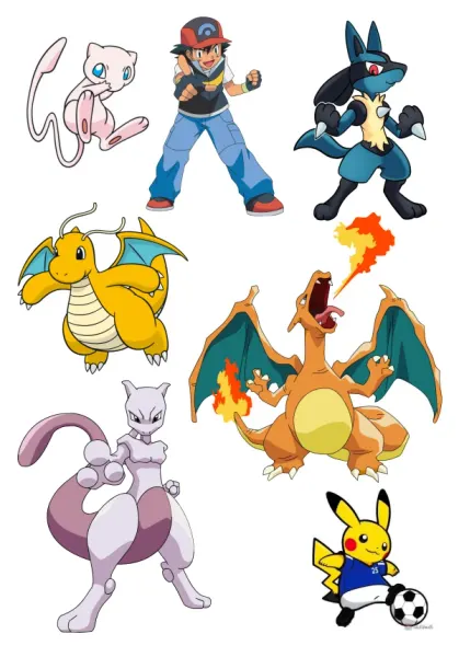 Obdélníkový jedlý papír k výřezu – Pokémon, Ash, Charizard a Pikachu s míčem (modrá, fialová)