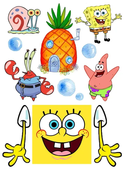 Obdélníkový jedlý papír k výřezu – SpongeBob, Patrik, pan Krabs, Gary a ananas (žlutá, modrá, červená)