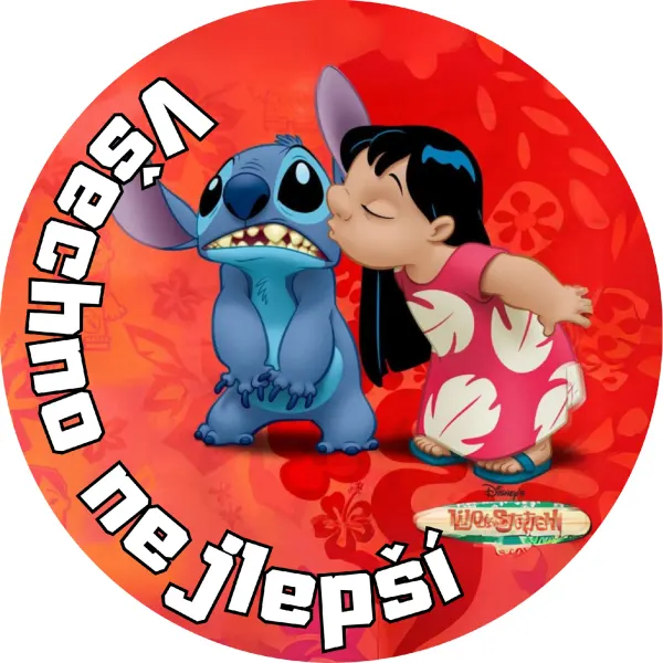 Kulatý jedlý obrázek na dort – Lilo & Stitch, Pusa pro Stitche a ibišky (červená, modrá, růžová)