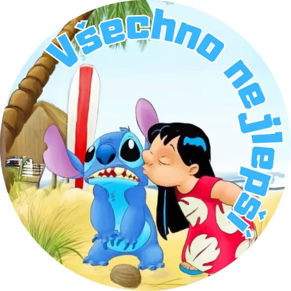 Kulatý jedlý obrázek na dort – Lilo & Stitch, Pusa na pláži se surfem (modrá, červená, žlutá)