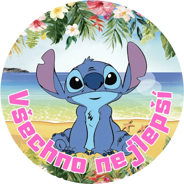 Kulatý jedlý obrázek na dort – Lilo & Stitch, Stitch na pláži s květy (modrá, tyrkysová, růžová)