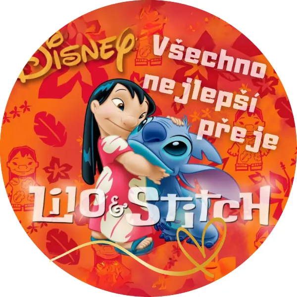 Kulatý jedlý obrázek na dort – Lilo & Stitch, Objetí na červeném pozadí (červená, žlutá, modrá)