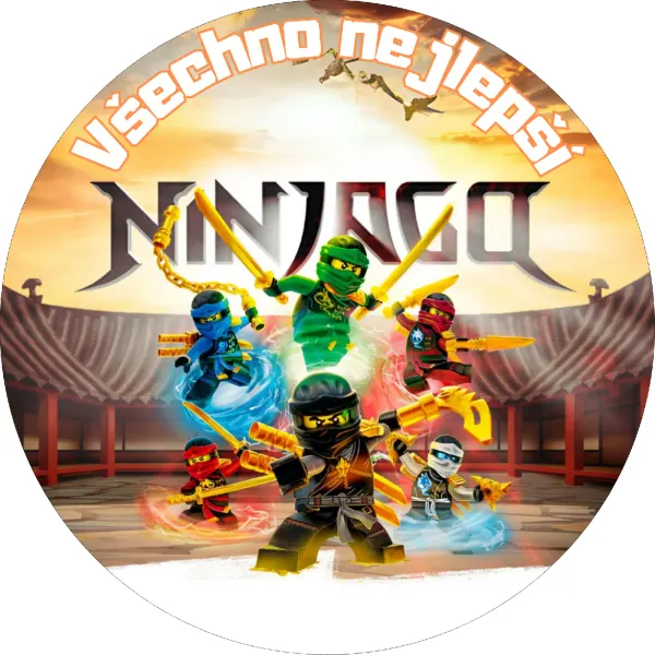 Kulatý jedlý obrázek na dort – Lego Ninjago, Všechno nejlepší (červená, zelená)