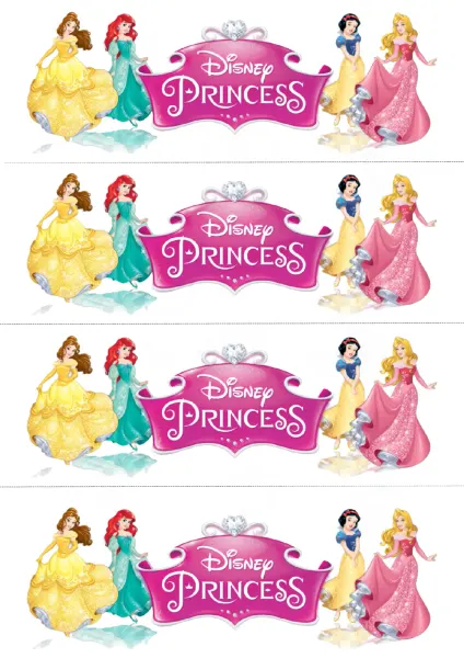 Obdélníkový jedlý papír k výřezu – Princezny Disney, na bok dortu 4 x pásek (růžová, žlutá, bílá)