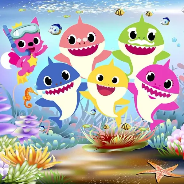 Obdélníkový jedlý obrázek na dort – Baby Shark, rodinka s lištičkou a koníky (modrá, žlutá, růžová)