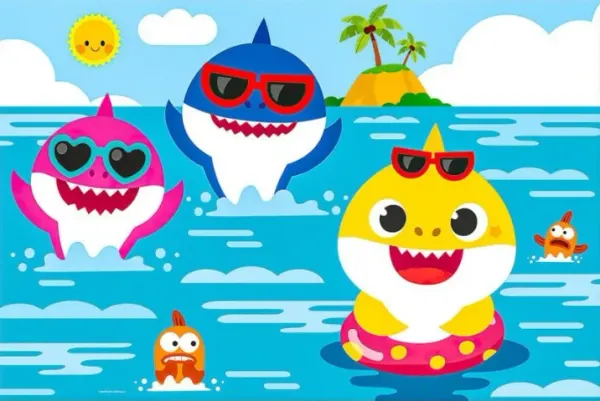 Obdélníkový jedlý obrázek na dort – Baby Shark, rodinka s brýlemi a kruhem (modrá, žlutá, růžová)