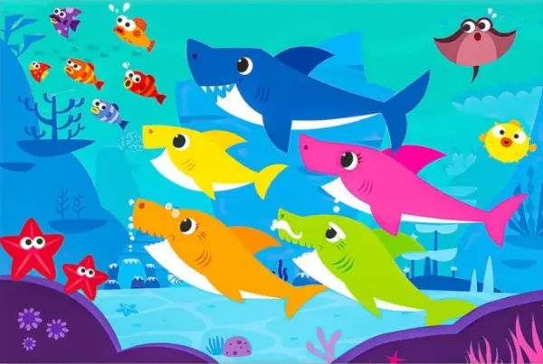 Obdélníkový jedlý obrázek na dort – Baby Shark, celá rodinka a korálový útes (modrá, žlutá, růžová)