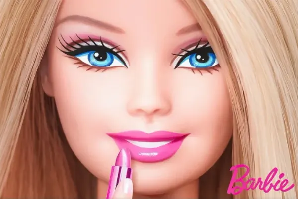 Obdélníkový jedlý obrázek na dort – Barbie, detail tváře s růžovou rtěnkou (růžová, modrá, žlutá)