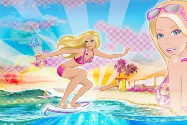 Obdélníkový jedlý obrázek na dort – Barbie, na surfu se slunečními brýlemi (modrá, růžová, tyrkysová)