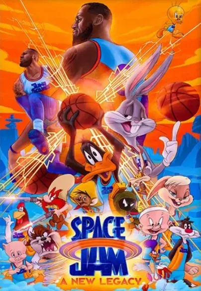 Obdélníkový jedlý obrázek na dort – Basketbal, Space Jam (žlutá, modrá, červená)