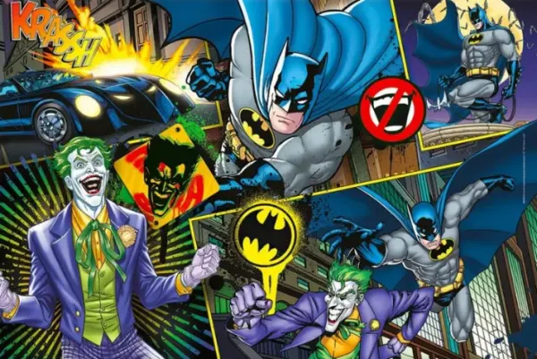Obdélníkový jedlý obrázek na dort – Batman (modrá, fialová, žlutá)