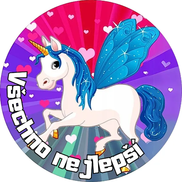Kulatý jedlý obrázek na dort – Jednorožec Unicorn, Všechno nejlepší (fialová, růžová, modrá)