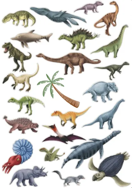 Obdélníkový jedlý papír k výřezu – Dinosauři, velká sada pravěkých tvorů (zelená, hnědá, modrá)