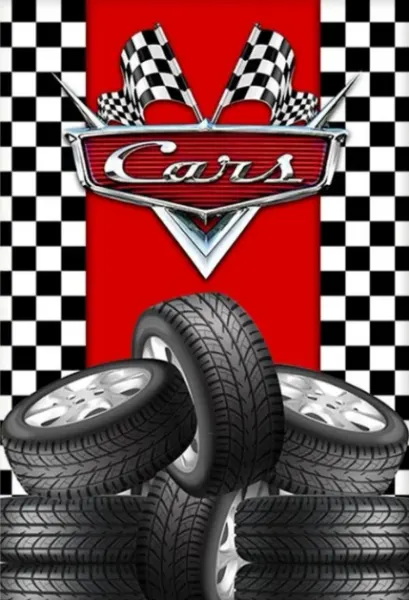 Obdélníkový jedlý obrázek na dort – Cars, chromované logo, šachovnice a kola (červená, černá, bílá)