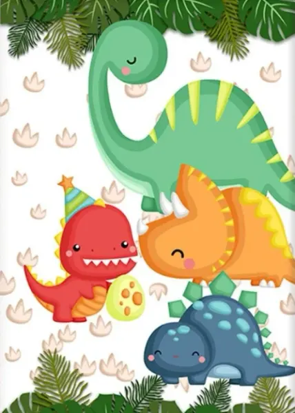 Obdélníkový jedlý obrázek na dort – Dinosauři, červený T-Rex s čepičkou a vejcem (zelená, žlutá, červená)