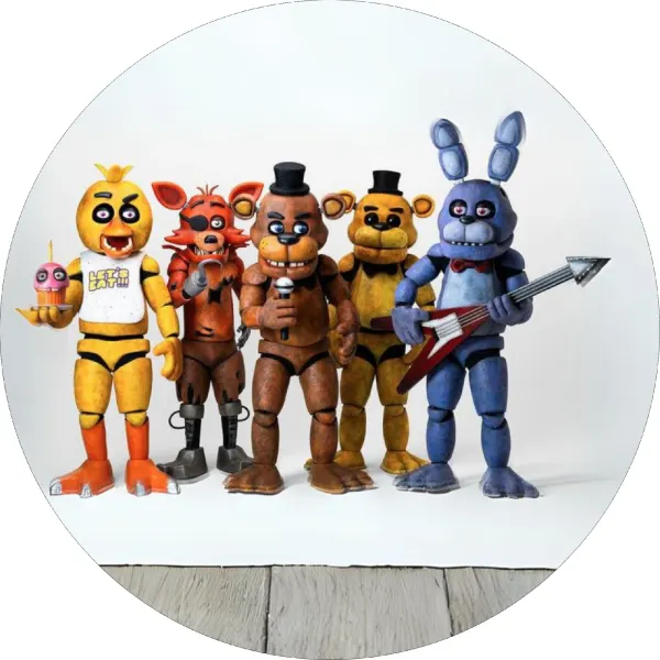 Kulatý jedlý obrázek na dort – Five Nights at Freddy's, Bonnie s kytarou (hnědá, modrá, žlutá)
