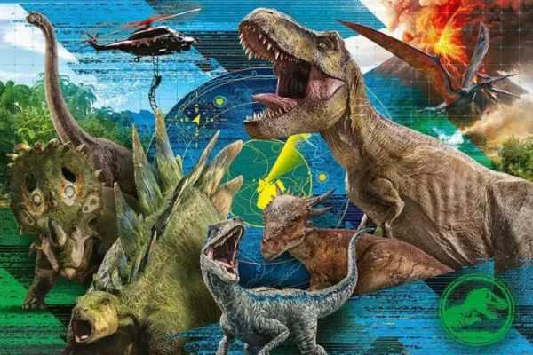 Obdélníkový jedlý obrázek na dort – Dinosauři, T-Rex, sopka a vrtulník (modrá, zelená, hnědá)