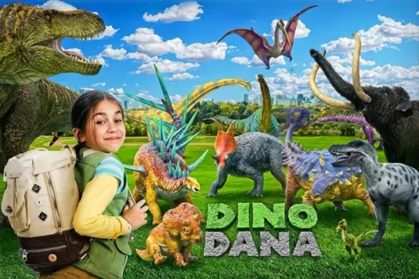 Obdélníkový jedlý obrázek na dort – Dinosauři, Dana s batohem a pravěcí tvorové (zelená, modrá, hnědá)