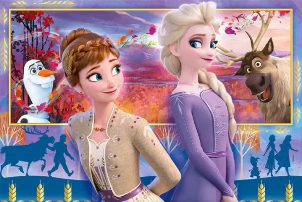 Obdélníkový jedlý obrázek na dort – Frozen, Elsa a Anna v podzimních šatech (fialová, modrá, hnědá)