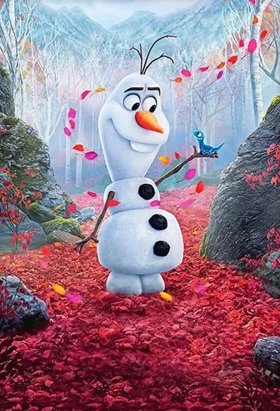 Obdélníkový jedlý obrázek na dort – Frozen, Olaf a salamandr Bruni v lese (červená, bílá, modrá)