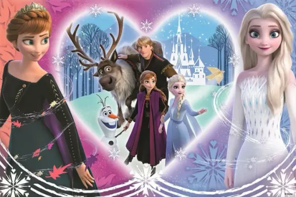 Obdélníkový jedlý obrázek na dort – Frozen, Sestry se srdcem plným přátel (fialová, modrá, růžová)