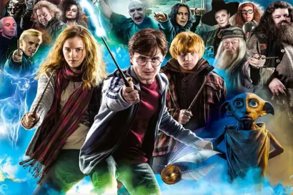 Obdélníkový jedlý obrázek na dort – Harry Potter, trojice s hůlkou a skřítkem (modrá, tyrkysová, zelená)