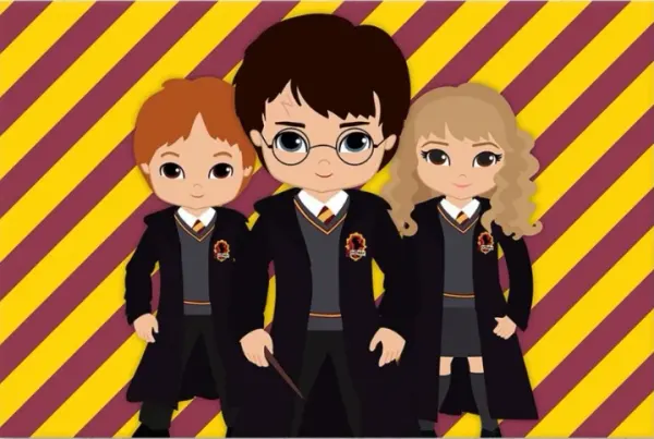 Obdélníkový jedlý obrázek na dort – Harry Potter, kreslená trojice a pruhy (žlutá, červená, černá)