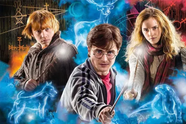 Obdélníkový jedlý obrázek na dort – Harry Potter, trojice s modrými patrony (modrá, černá, hnědá)