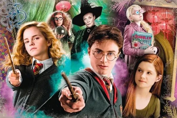 Obdélníkový jedlý obrázek na dort – Harry Potter, hrdinové a Lenka s Jinotajem (zelená, fialová, černá)