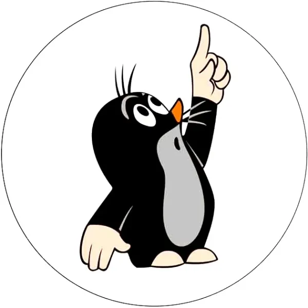 Kulatý jedlý obrázek na dort – Krtek, se zvednutým ukazováčkem (černá, bílá, šedá)