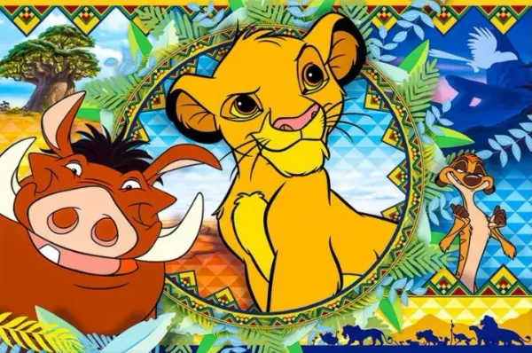 Obdélníkový jedlý obrázek na dort – Lví hlídka, Lvíče, Timon a Pumba (žlutá, modrá, zelená)
