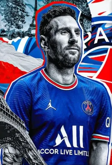 Obdélníkový jedlý obrázek na dort – Lionel Messi, tmavě modrý dres a Eiffelova věž (modrá, červená, bílá)