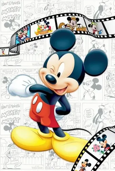 Obdélníkový jedlý obrázek na dort – Mickey Mouse, s filmovým pásem a komiksem (červená, žlutá, černá)