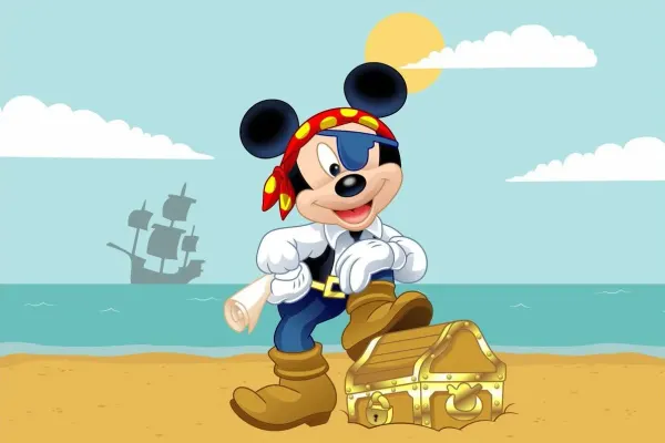 Obdélníkový jedlý obrázek na dort – Mickey Mouse, pirát u truhly s pokladem (modrá, žlutá, červená)