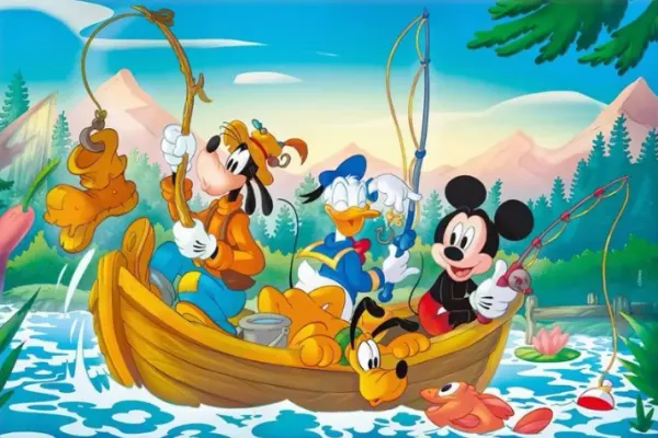 Obdélníkový jedlý obrázek na dort – Mickey Mouse, rybaření s přáteli na lodičce (modrá, žlutá, zelená)
