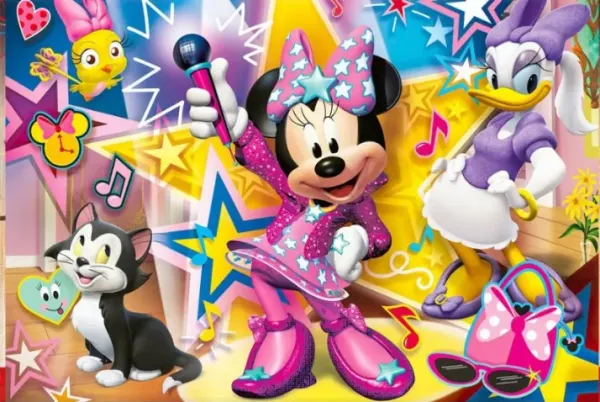 Obdélníkový jedlý obrázek na dort – Minnie a Daisy, zpívání s kocourem Figarem (růžová, fialová, žlutá)