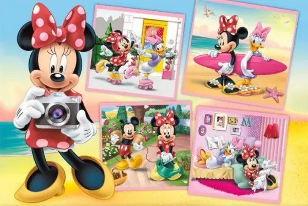 Obdélníkový jedlý obrázek na dort – Minnie a Daisy, fotoaparát a koláž fotek (růžová, modrá, žlutá)